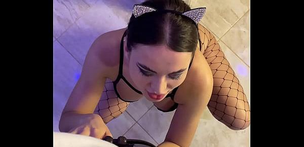  Cute kitty Maryana Rose makes a juicy blowjob to her cat. POV